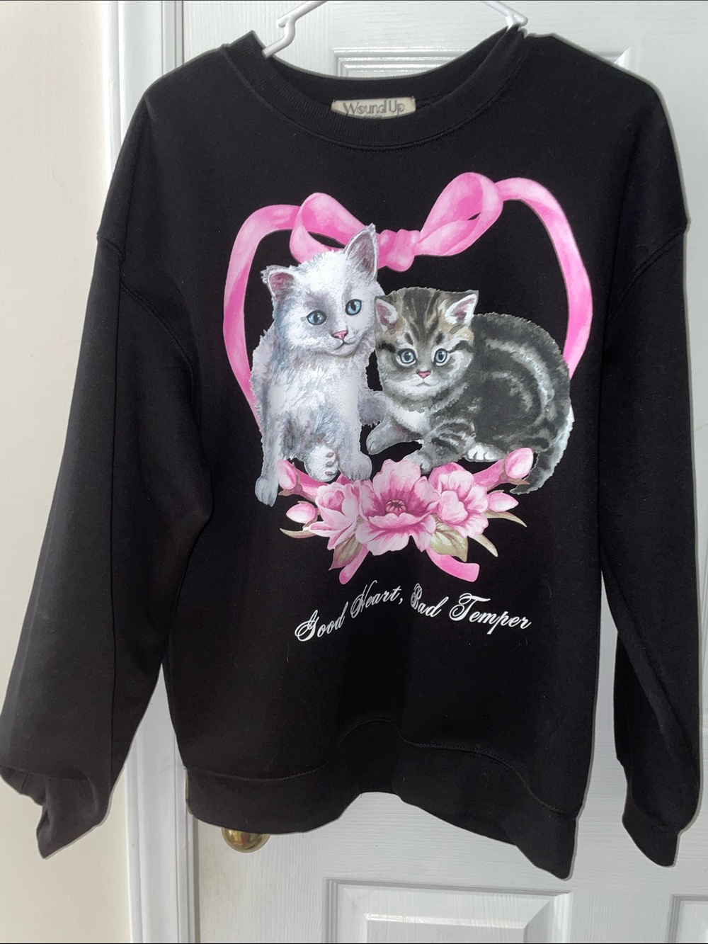 Kitten Heart Graphic Sweatshirt in Black with Pink Accents